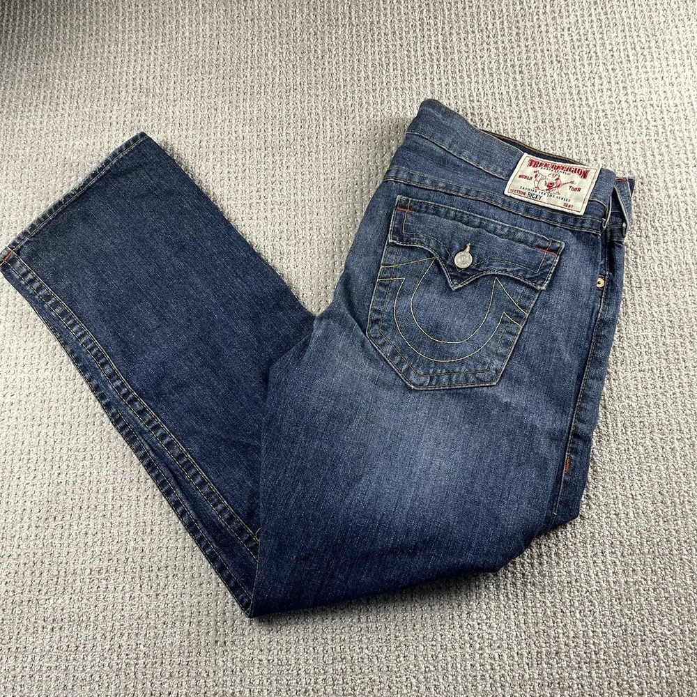 True Religion Ricky Relaxed Straight Flap Pocket Denim Jeans Mens 42x34 Blue
